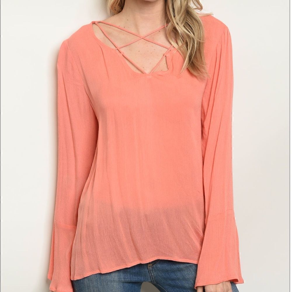 Peach long sleeve tunic with V-neck detail
